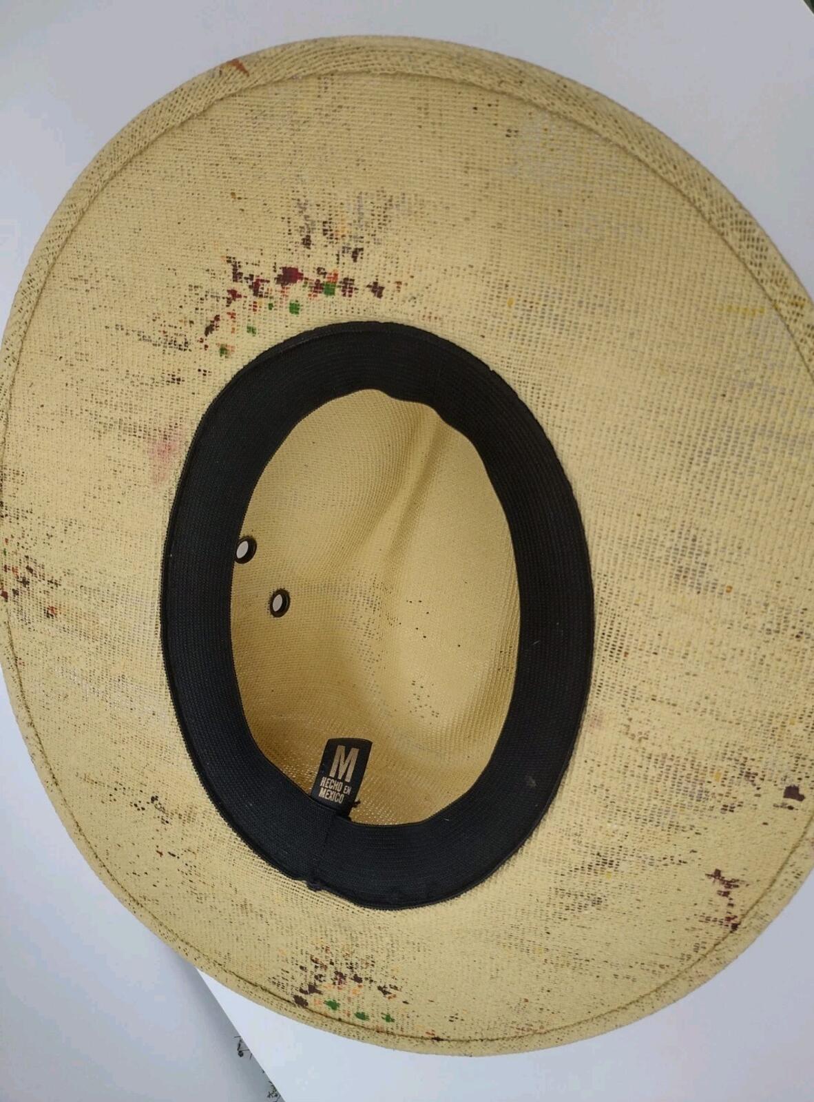 VTG Hand Painted Sunflower Mexican Straw Hat Leather Band Boho Western Ranch M