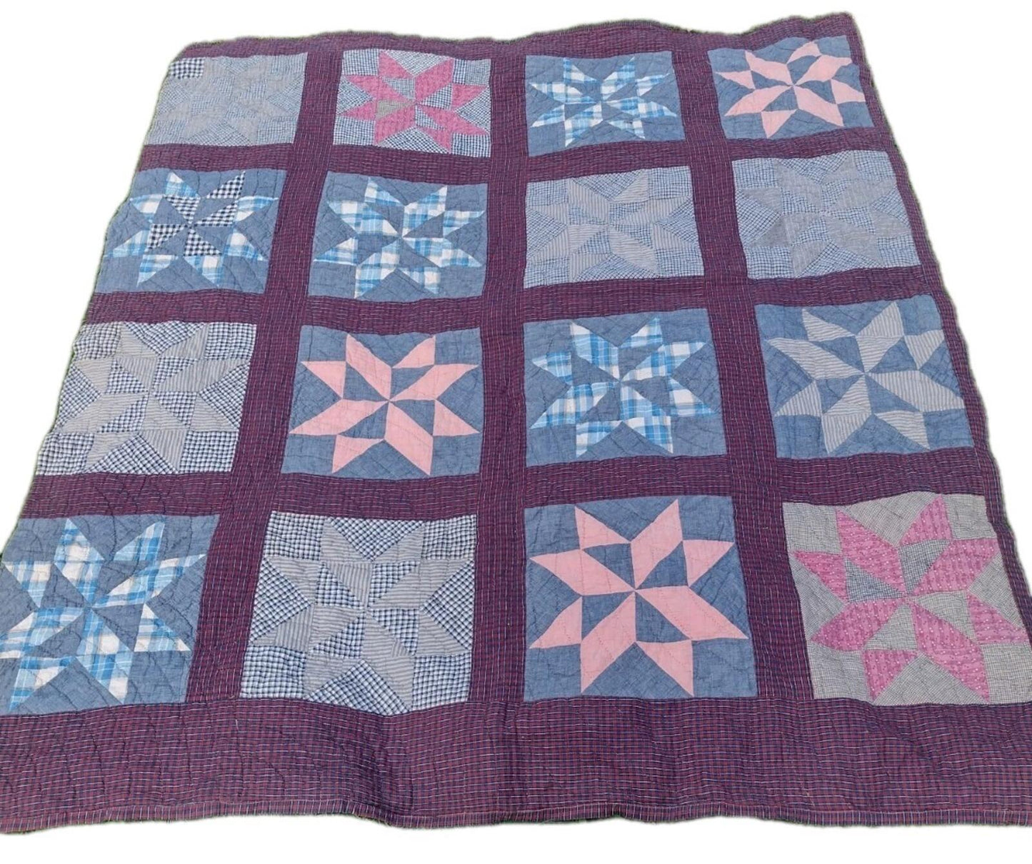 Vintage 40s Hand Quilted Star Quilt Baptist Fan Primitive Americana 68x80