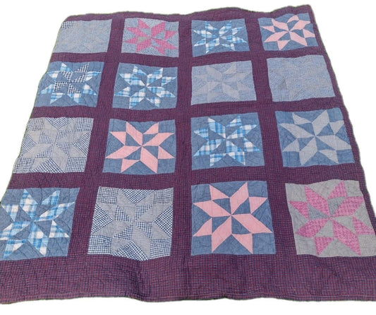 Vintage 40s Hand Quilted Star Quilt Baptist Fan Primitive Americana 68x80