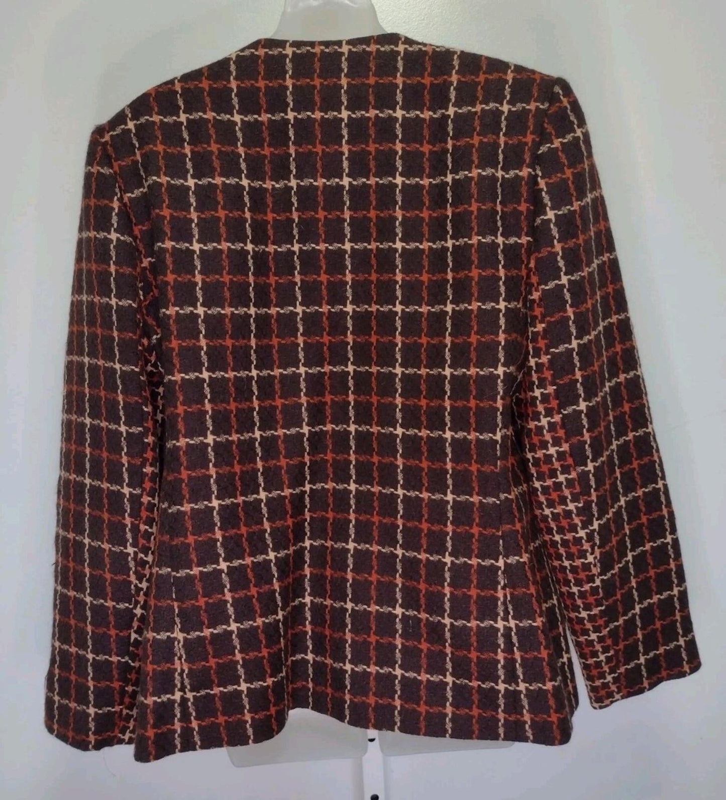 VTG 80s Harve Benard 70s Style Wool Tweed Plaid Jacket Brown Orange Cream Sz 14
