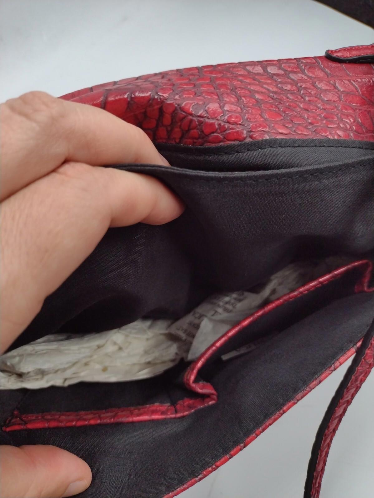 New Red Vegan Leather Croc Embossed Shoulder Bags / Clutch W Brass Stud Accents