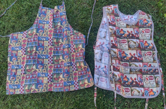 Country Chicken Apron Lot Reversible Farmhouse Rooster Hen Cotton Kitchen Set 2