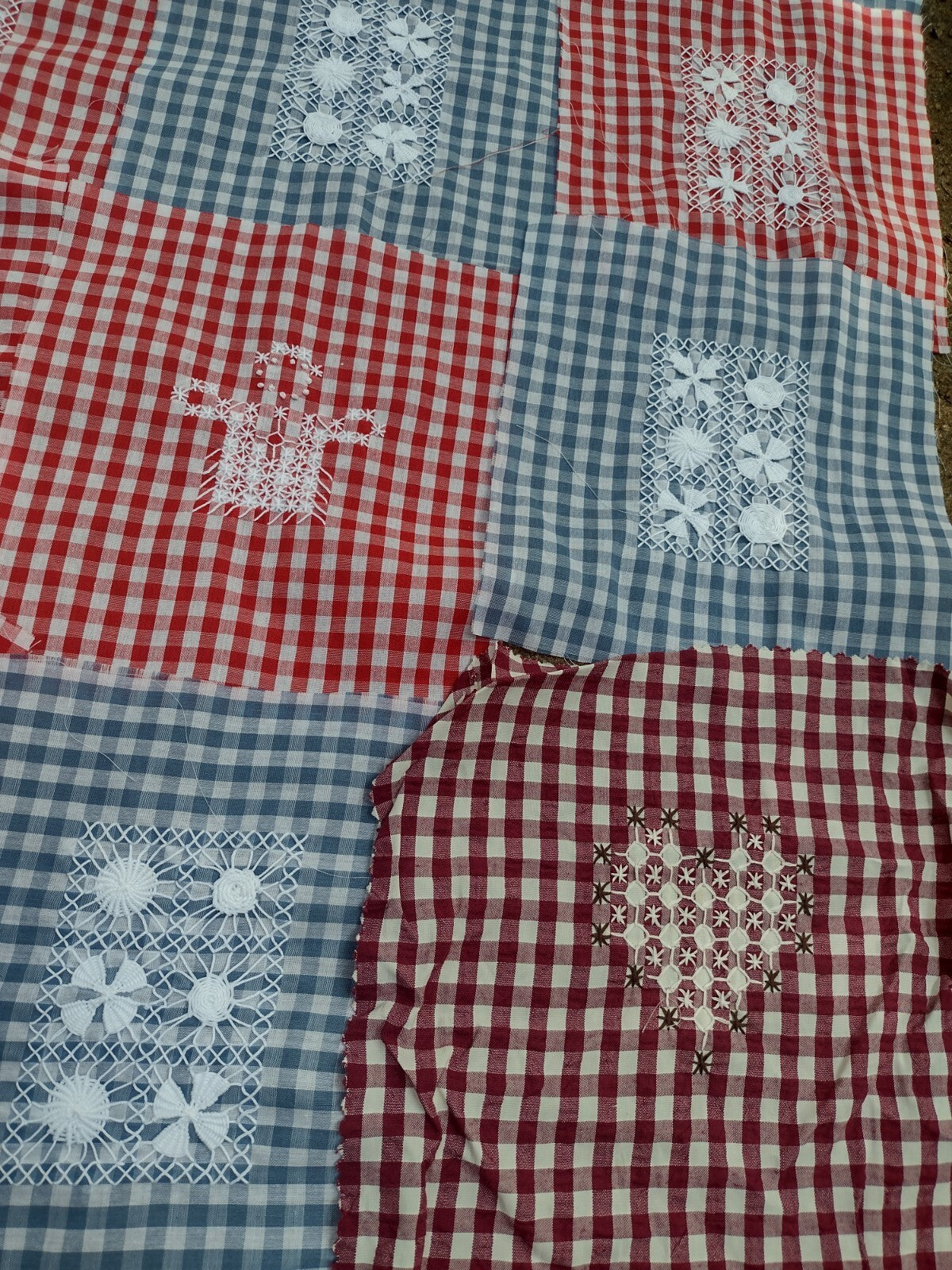 20 Vintage Chicken Scratch Gingham Quilt Blocks Hand Embroidered Folk Art