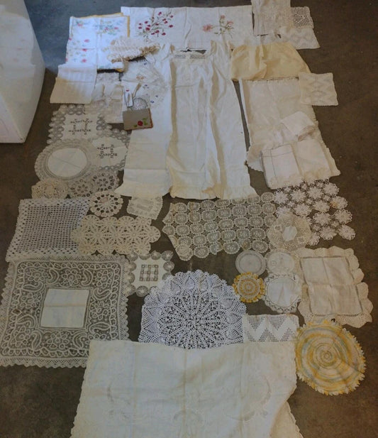 Antique & Vintage Textile Lot 58pc Linens Lace Nightgown Bonnet Dress Estate