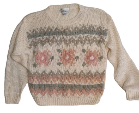 Currants Hand Loomed Ramie Acrylic Sweater M Pastel Floral Pattern Korea
