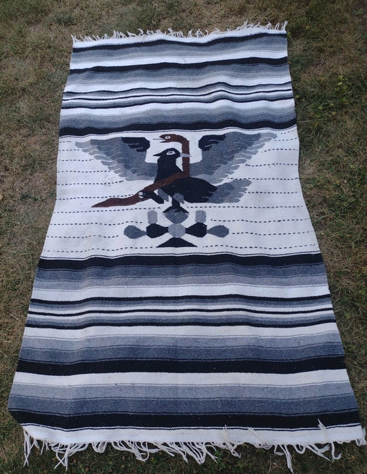 Vintage Mexican Handwoven Wool Blend Blanket Eagle Saltillo Serape Throw 76x42