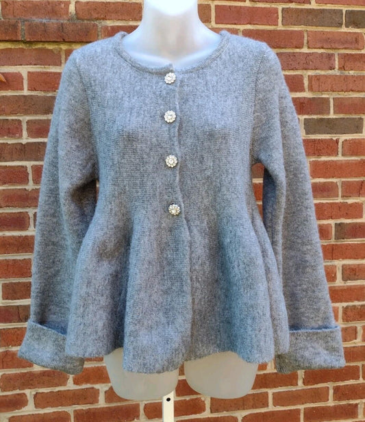 Maeve Anthropologie Gray Rhinestone Button Peplum Cardigan Sweater XS