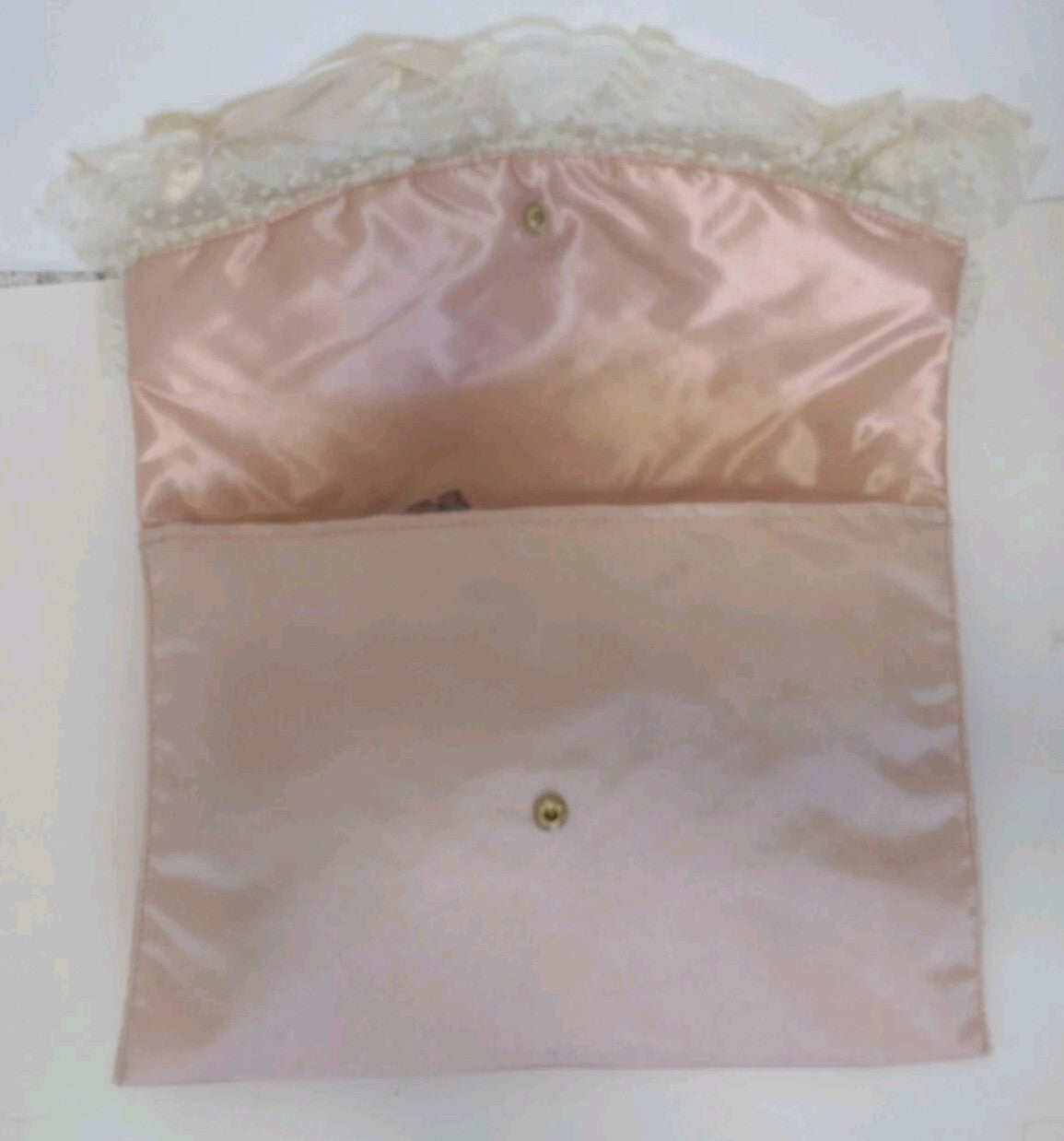 Vintage 80s Victoria's Secret Satin Lingerie Pouch Clutch Pink Lace Pearl Bridal
