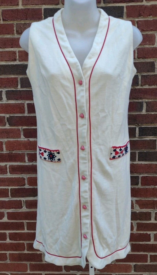 Vintage 70s Cream Knit Folk Day Dress Red Piping Heart Buttons Cottagecore S/M