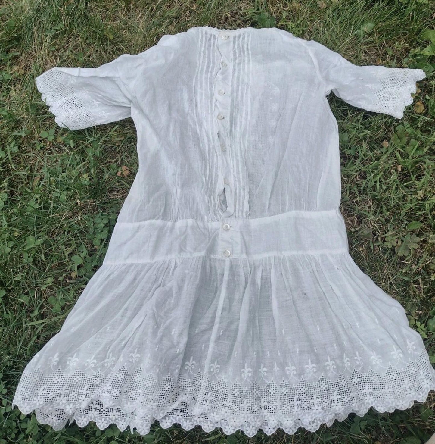 Set Of 2 Antique Estate Handmade Girls Dresses Edwardian Cotton & Taffeta Lace