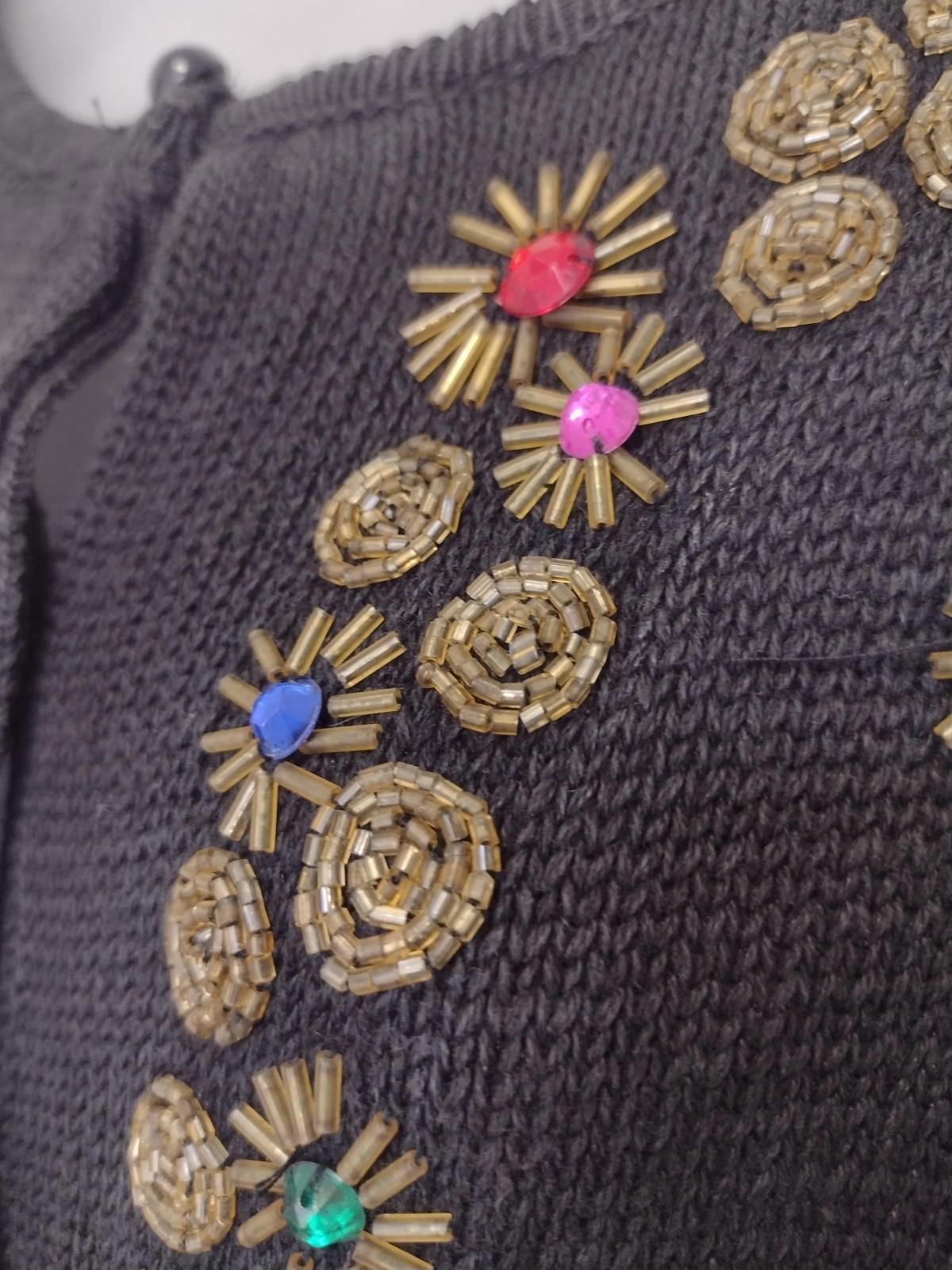 Vintage Trimmings Ramie Cotton Beaded Cardigan Sweater M Black Embellished
