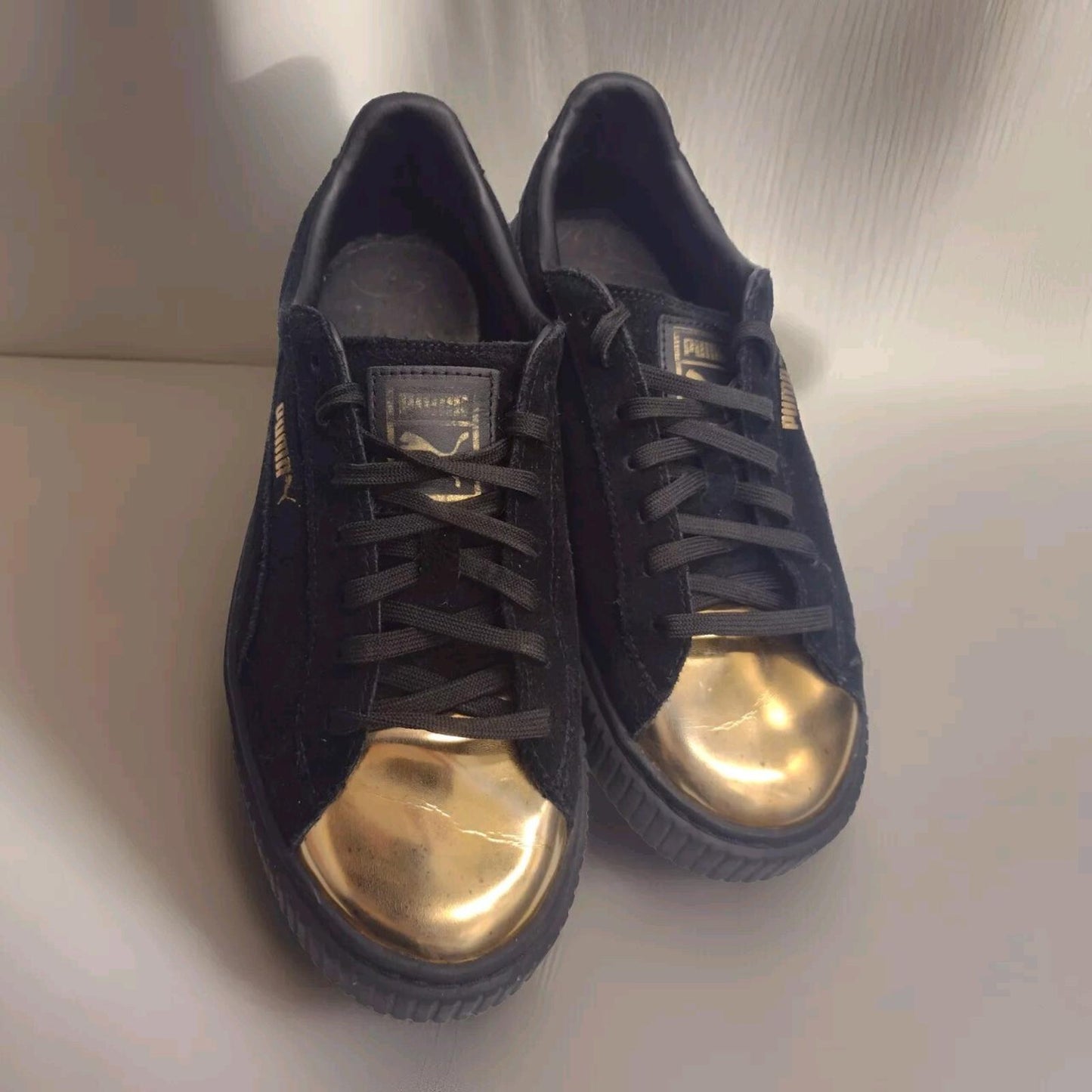 Puma Black Suede Gold Toe Platform Sneakers Sz 7.5 Women