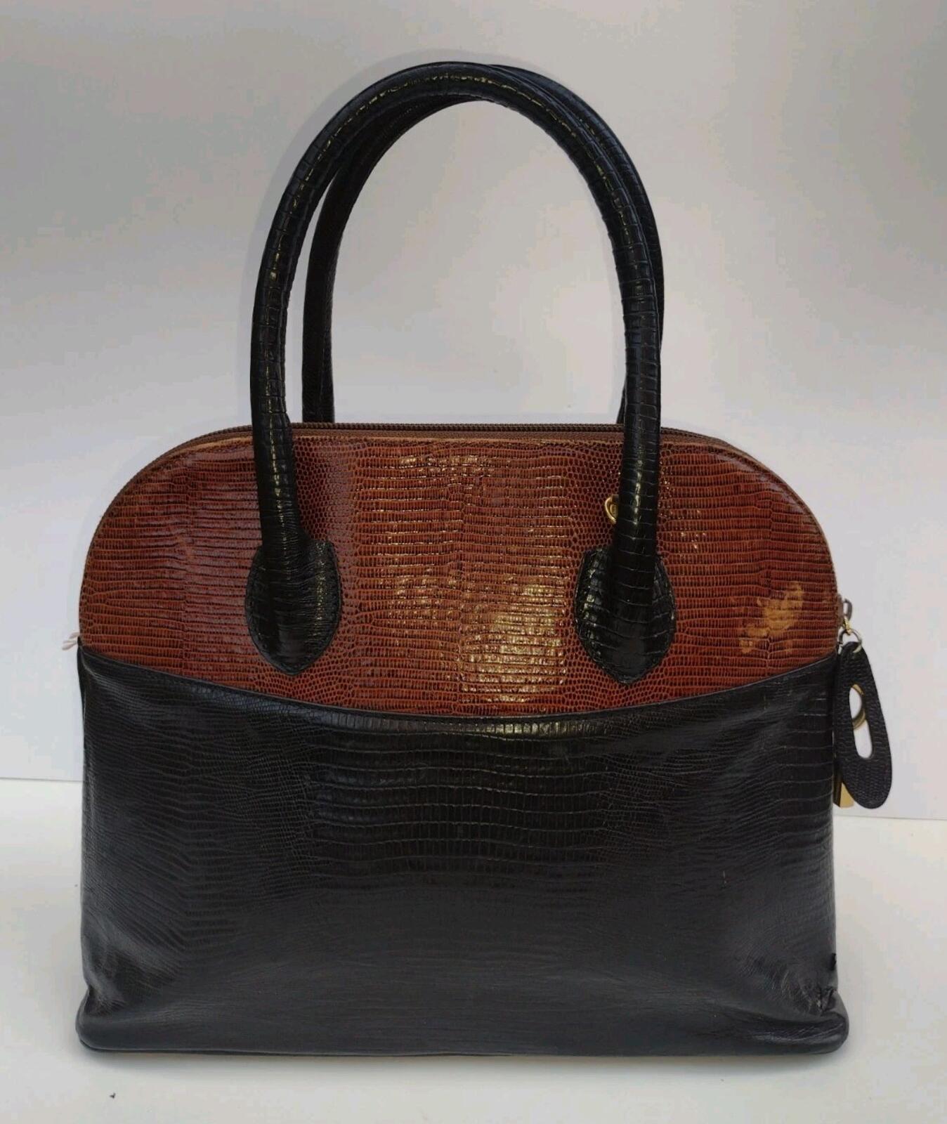 VTG 60s Zenith Canada Embossed Leather Lizard Look Handbag Black Brown Purse