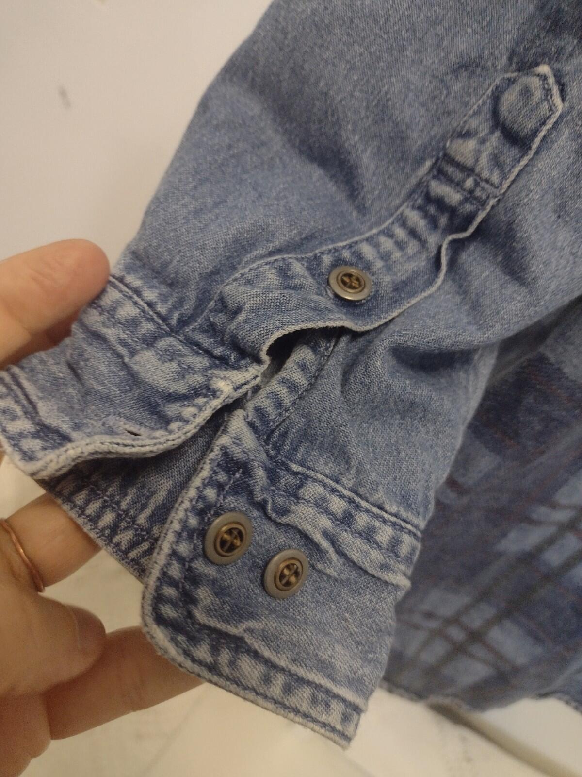 Vintage 90s Printed Plaid Denim Shirt Men’s L Grunge Double Denim Y2K Workwear