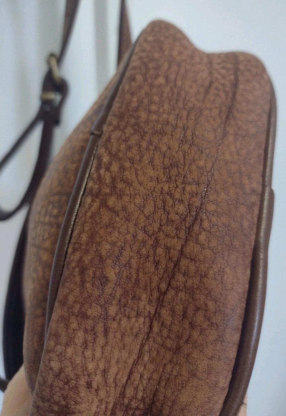 Vintage 80s Bacare Nubuck Leather Crossbody Bag Argentina Brown Brass 7x9x2