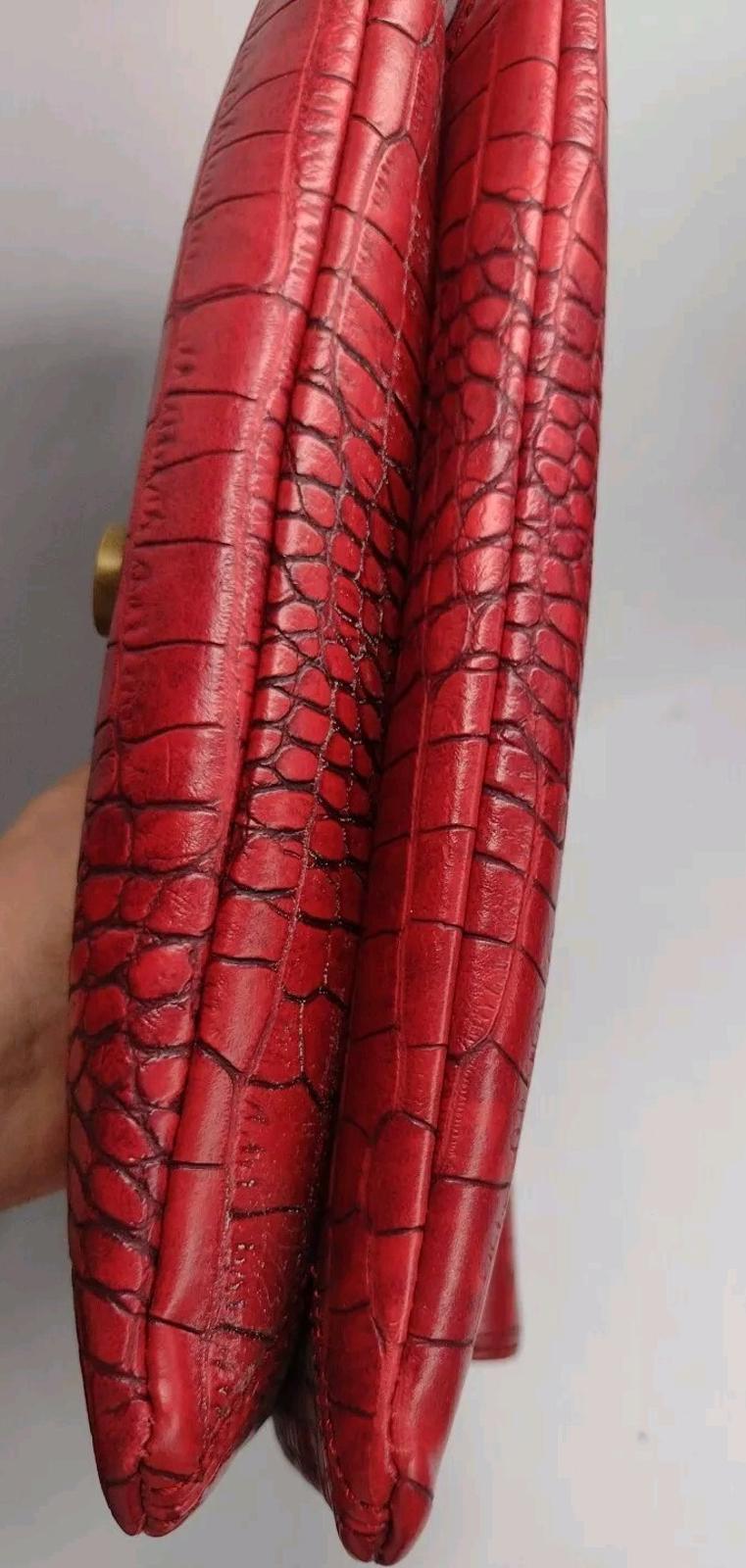 New Red Vegan Leather Croc Embossed Shoulder Bags / Clutch W Brass Stud Accents