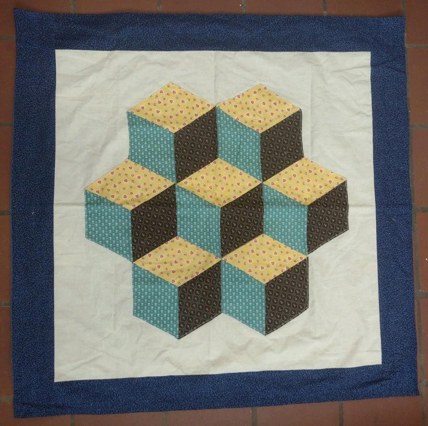 Tumbling Blocks Optical Illusion Quilt – 29” Cotton Wall Hanging or Table Topper