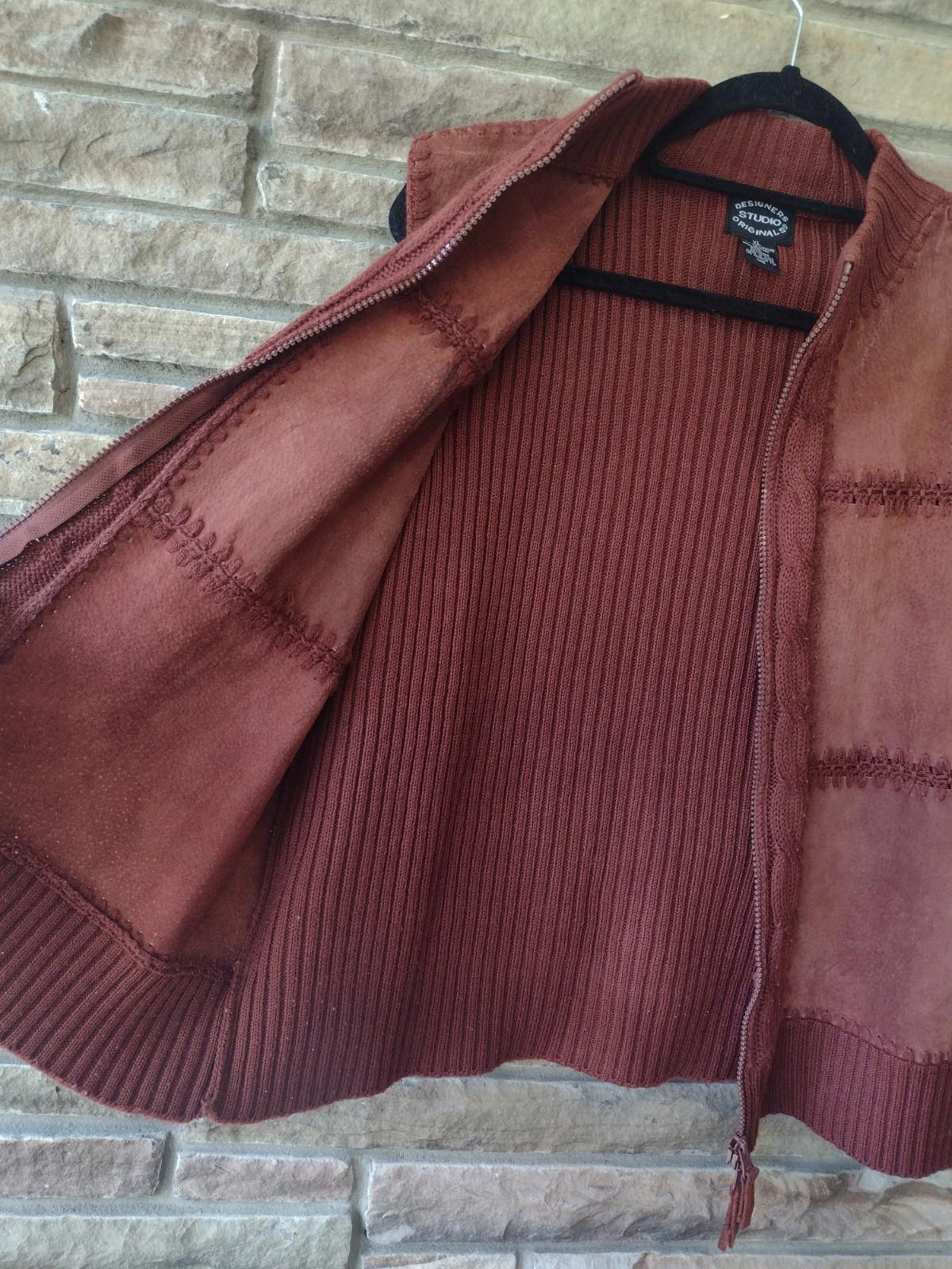 VTG Rust Knit Suede Vest XL 2-Way Zip Crochet Trim Y2K Boho Western RN63757