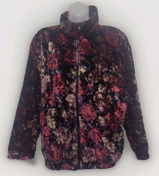 Vintage 80s Rafael Floral Velvet Quilted Bomber Jacket L Made in Taiwan R.O.C.