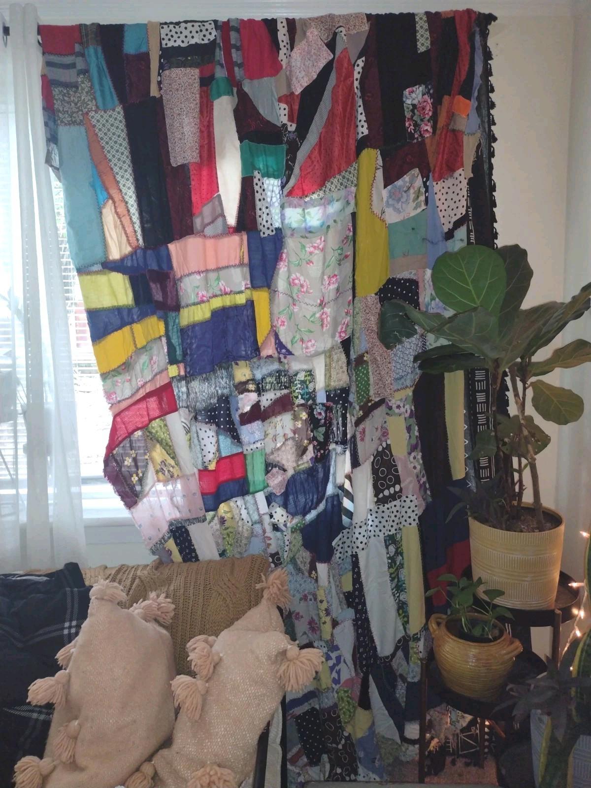 Vintage Crazy Quilt Topper 10x6 ft 1930s–50s Patchwork Curtain Panel Potential