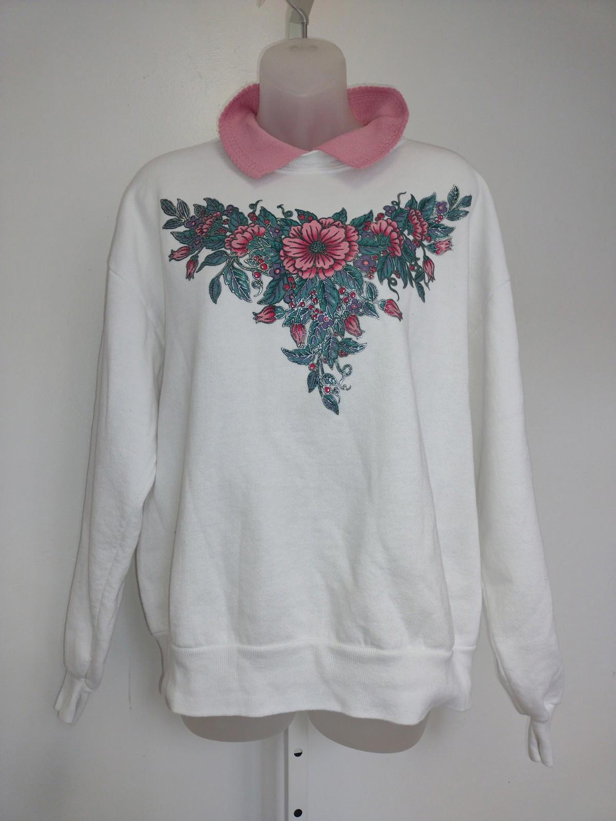 Vintage 90s Whim Z USA Floral Puff Paint Sweatshirt Mock Collar Pink Trim L