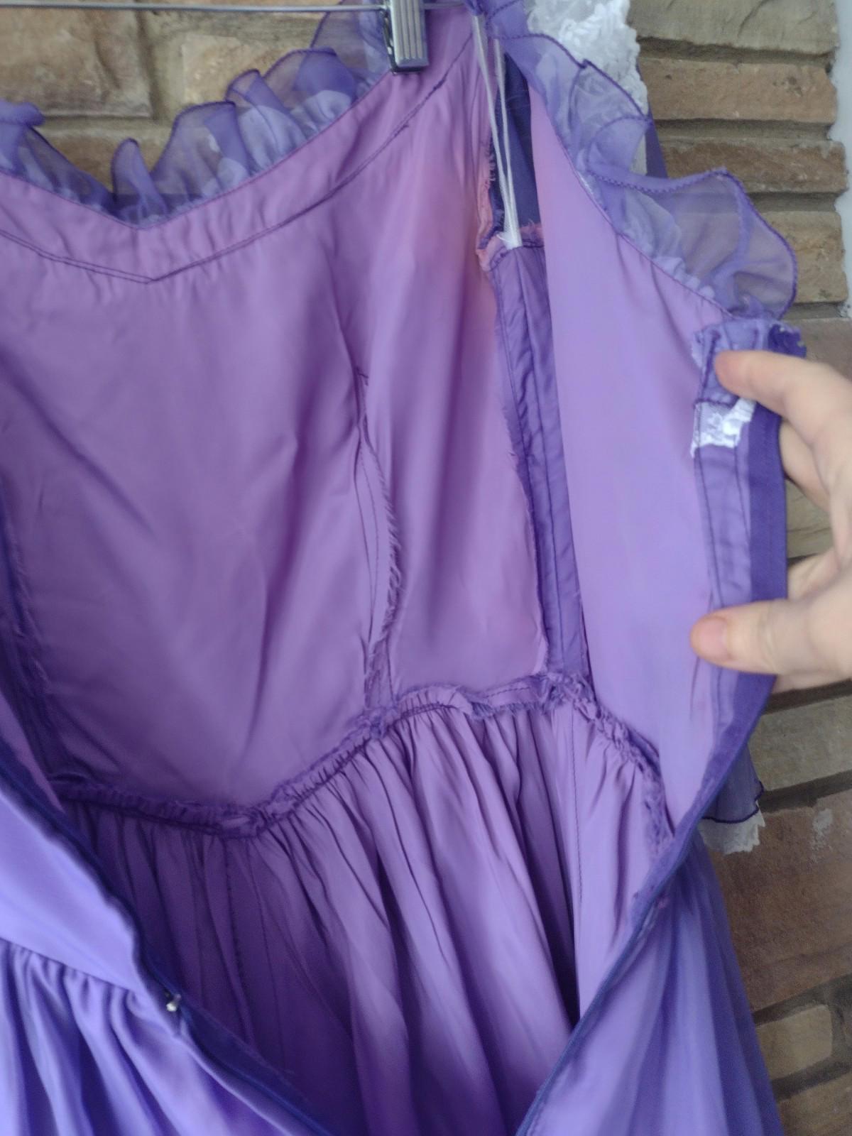 70s Purple Chiffon Prairie Gown Lace Ruffles Satin Lining S