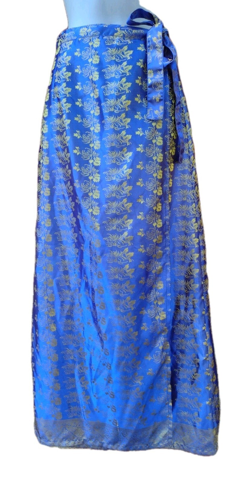 Soho Village Wear Wrap Maxi Skirt Blue Gold Floral Brocade Chinoiserie Boho M