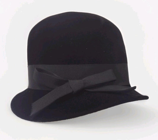 50s Merrimac Peachbloom Velour Black Hat Wired Brim Bow 22