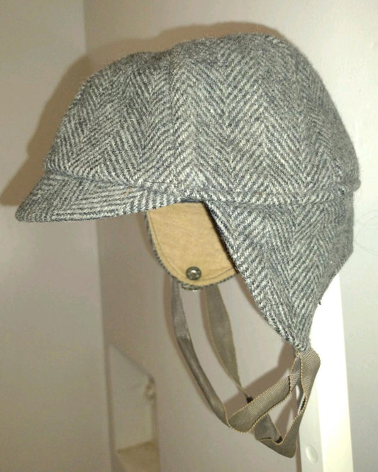 Vintage 40s Wool Herringbone Alpine Ski Cycling Ear Flap Cap Gray Tweed Hat