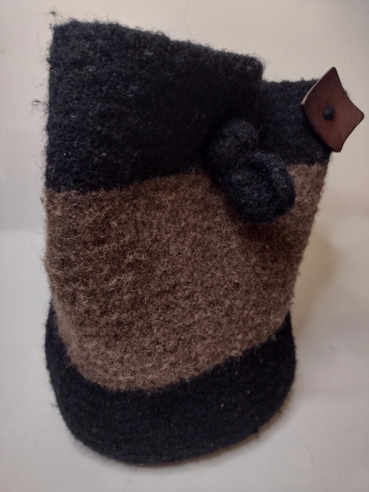 Handmade Wool Tote Bucket Bag Two-tone Brown And Black With Wood Button Accent