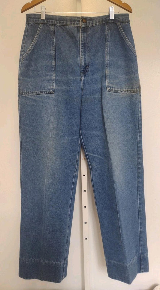 Vintage 70s High Waist Wide Leg Jeans Talon 42 Zip Elastic Back Patch Pockets
