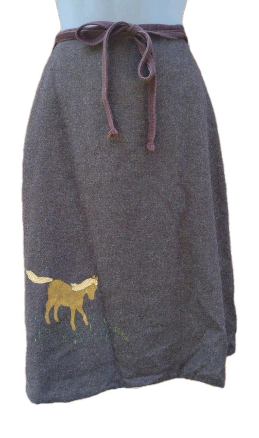 VTG 60s Hand Painted Horse Wool Wrap Skirt Boho Western Folk Art Equestrian S/M