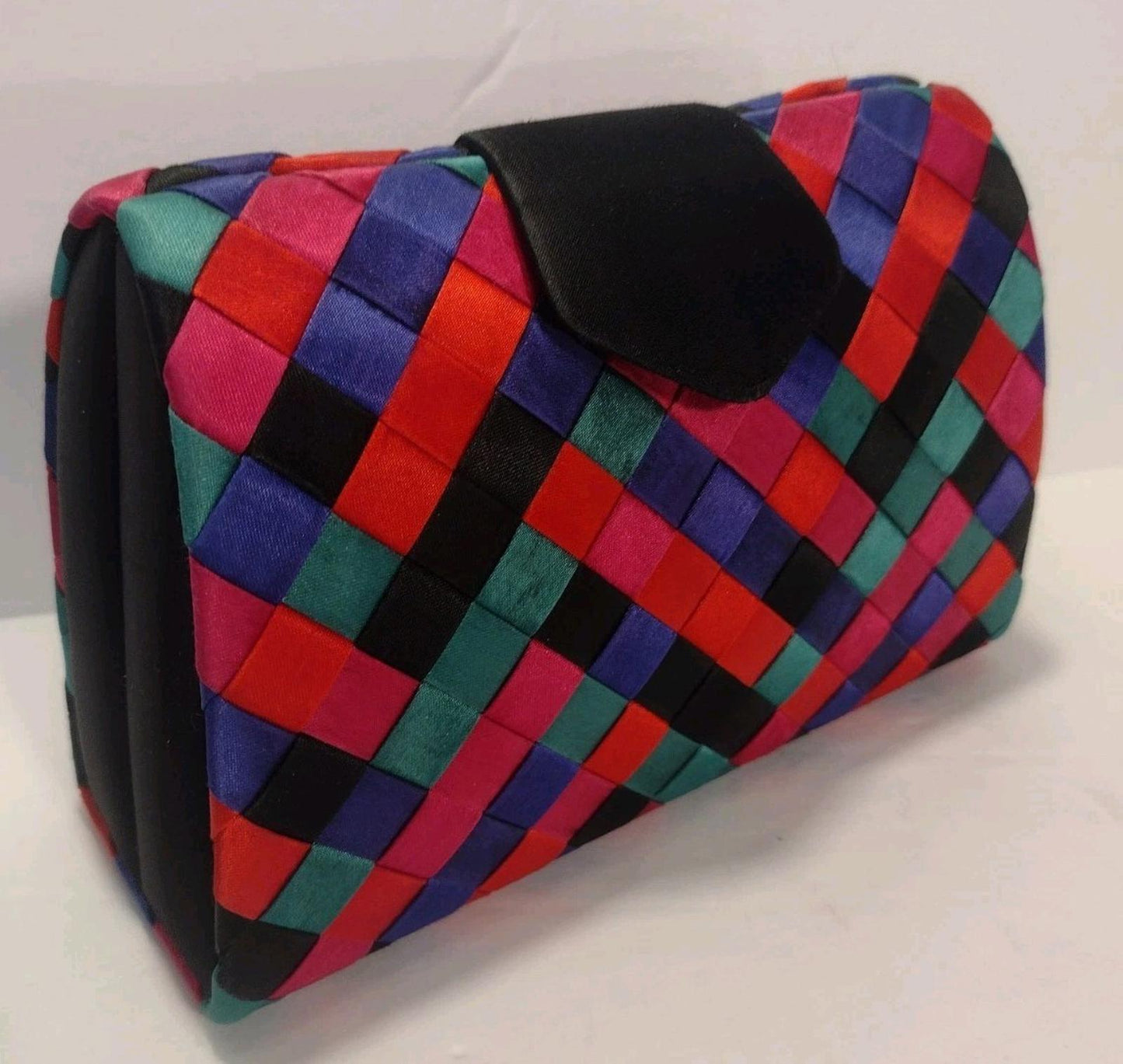 VTG VANESSA Woven Ribbon Hard Shell Clutch Shoulder Bag Multicolor Satin Lined