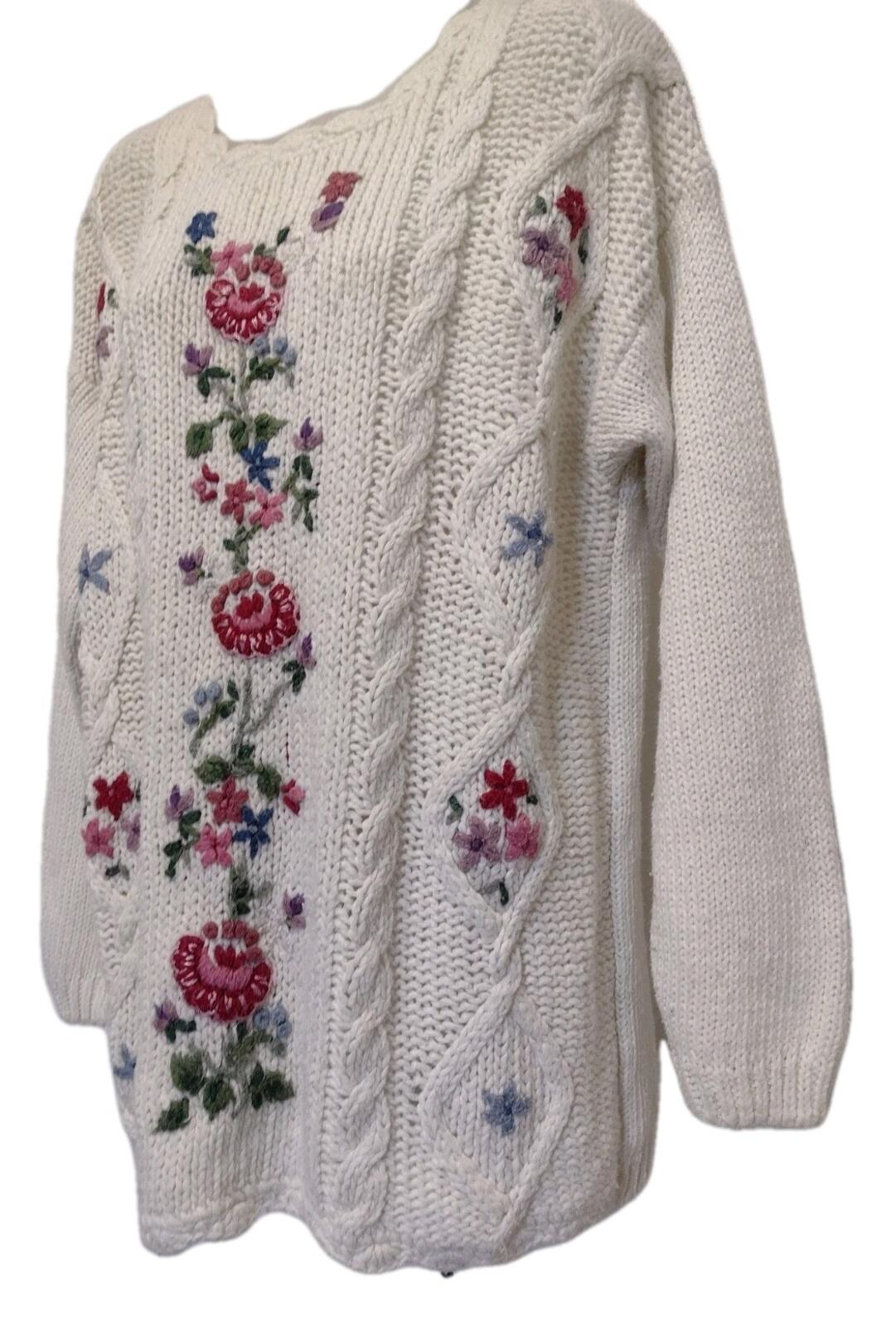 Vintage 80s Bobbie Brooks Hand Knit Floral Ramie Sweater L Korea Scallop Hem
