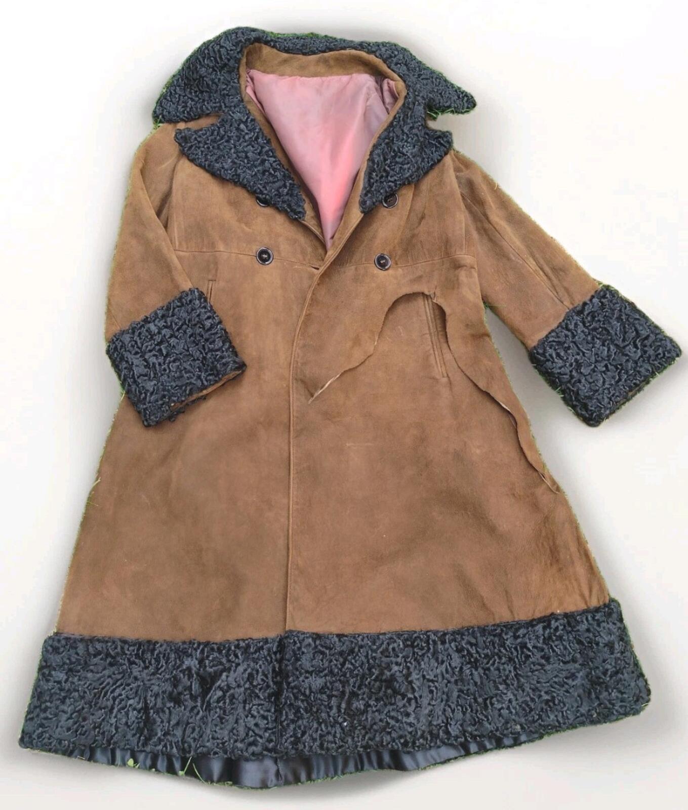 VTG 60s Anne Klein Mallory Penny Lane Suede Coat Curly Lamb Trim Boho Sz 10