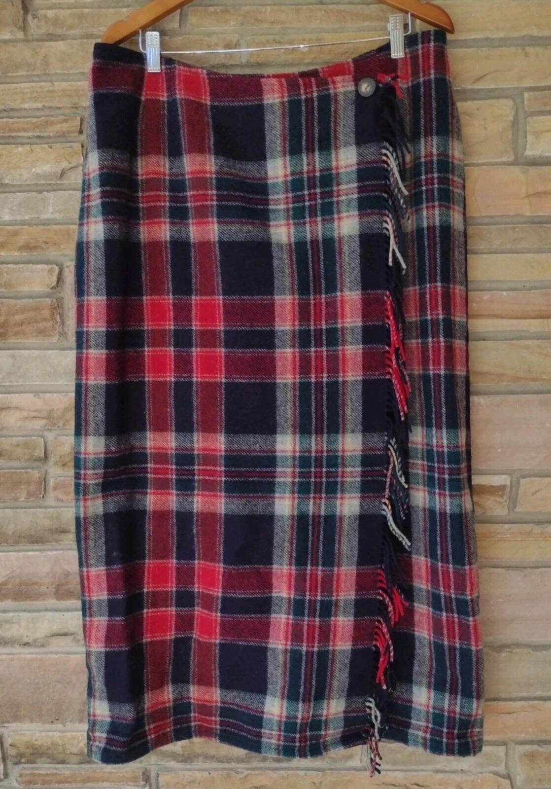 VTG 90s Eddie Bauer USA Wool Plaid Wrap Skirt Women’s Tall 20 Fringe
