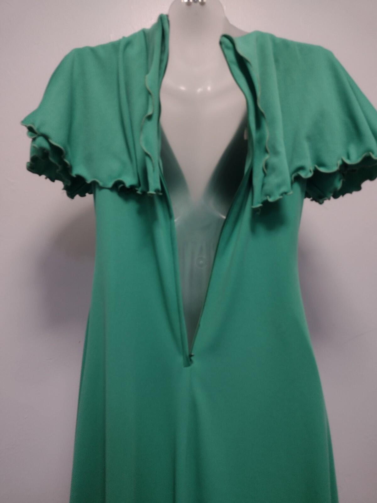 70s Green Polyester Empire Waist Maxi Dress Flutter Sleeve M