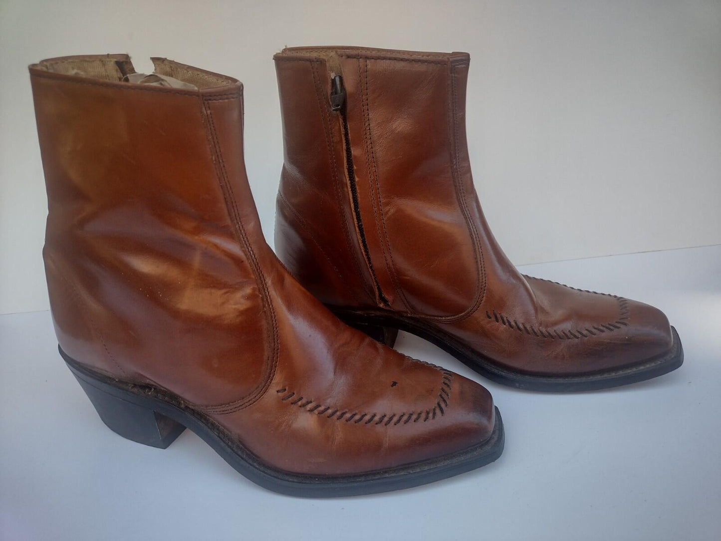 Wrangler Western Ankle Boots USA Vintage 60s Leather Zip Cuban Heel 7D