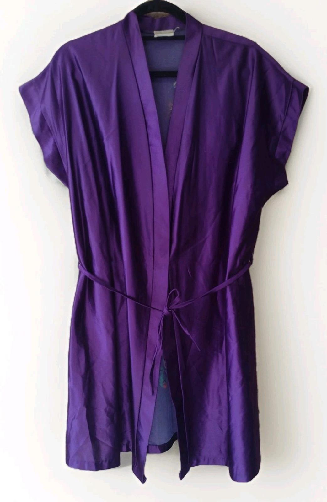 Vintage Julie Girl Purple Satin Robe Hand-Painted Floral Artwear Kimono 1980s