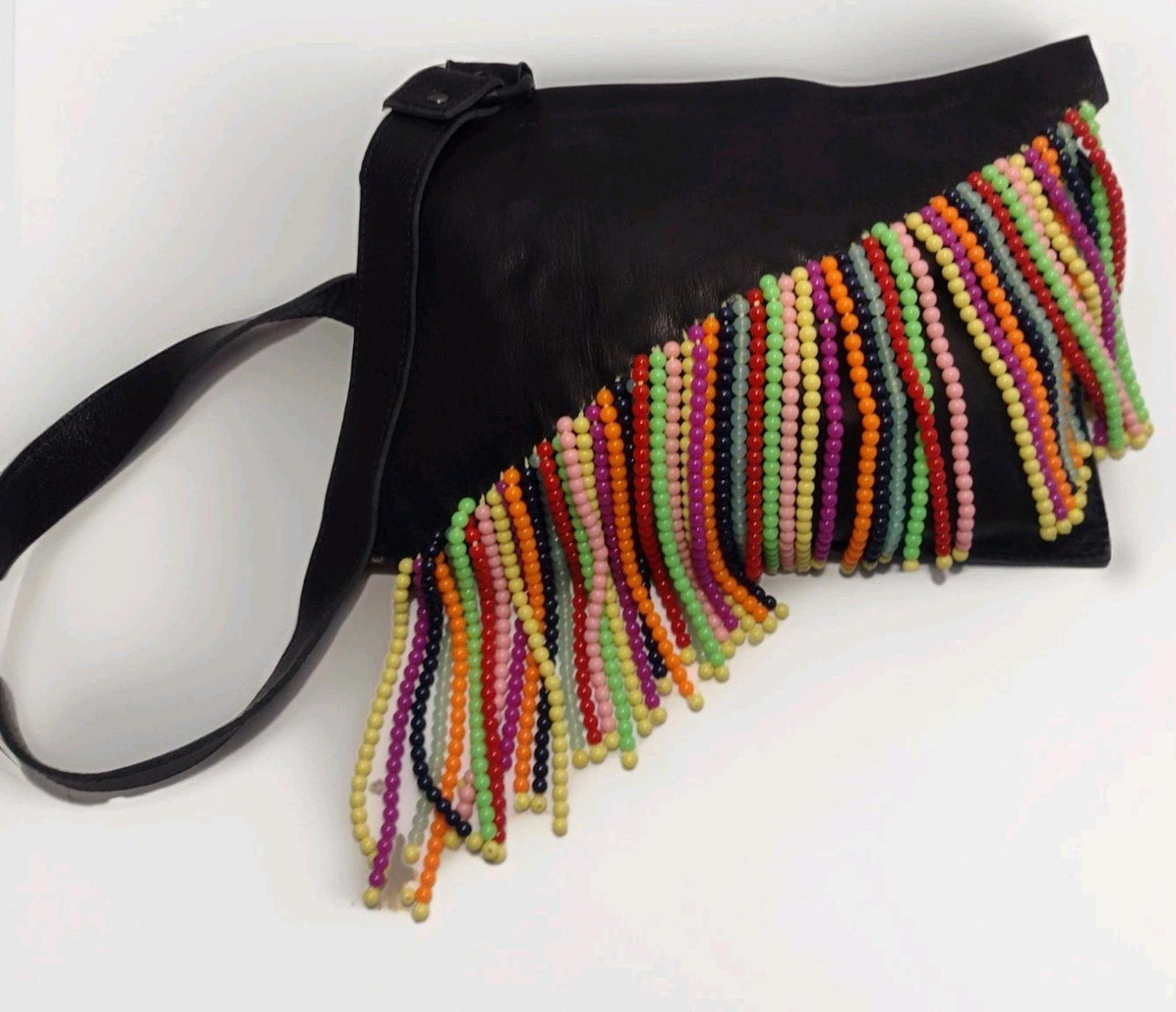 Jules Reid Lambskin Leather Crossbody Bag Beaded Tassel Flap Boho Festival New