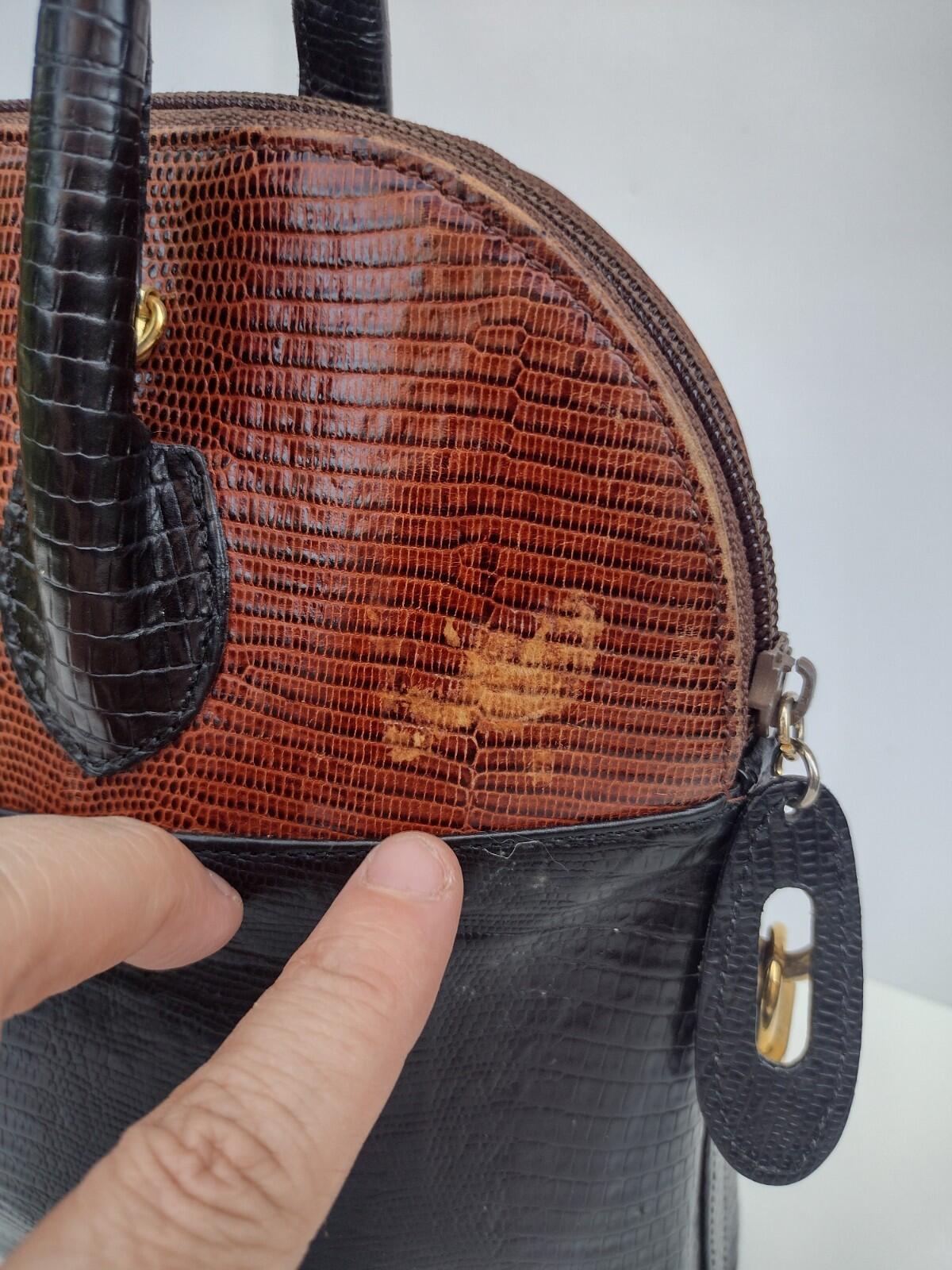 VTG 60s Zenith Canada Embossed Leather Lizard Look Handbag Black Brown Purse