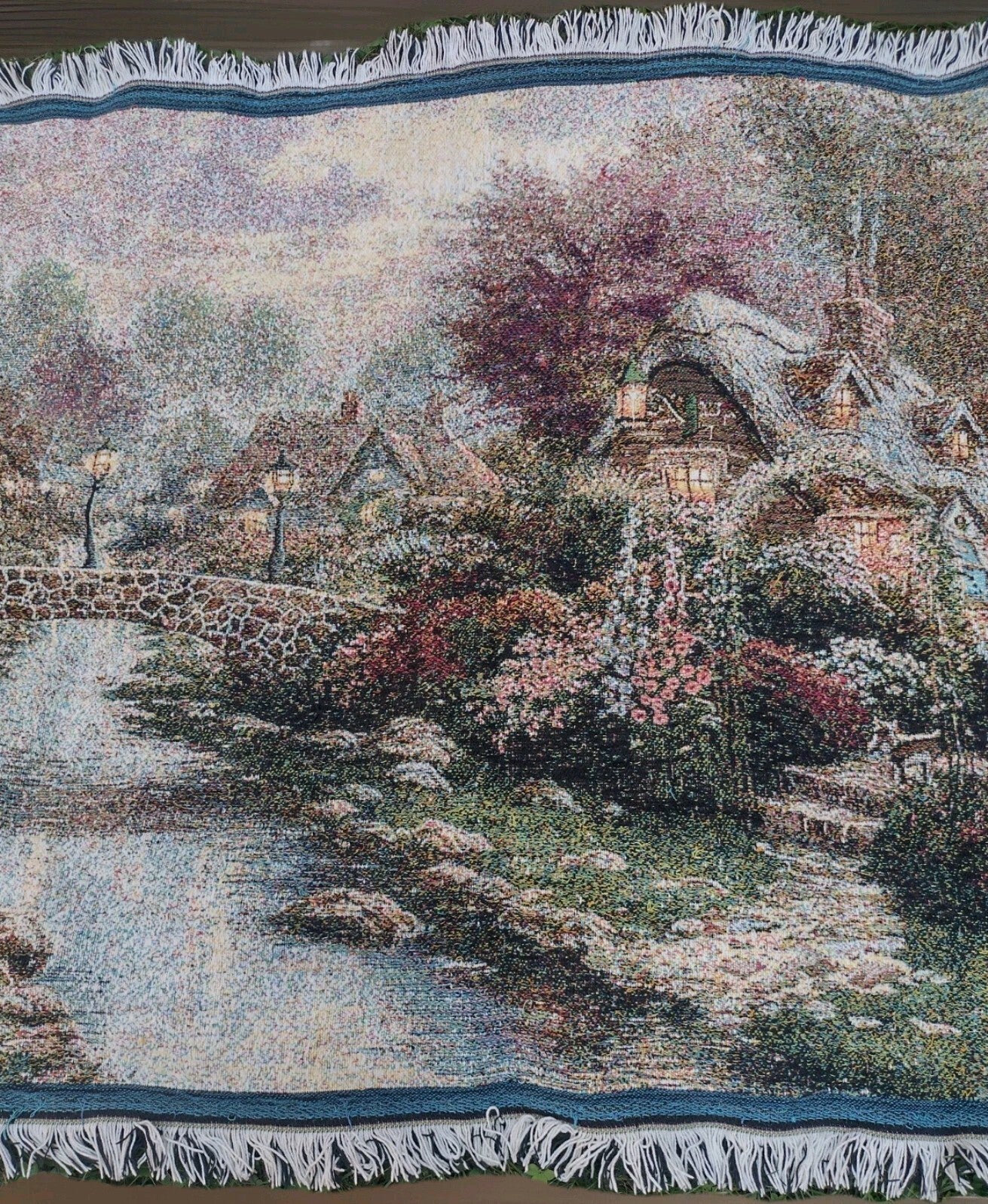 Thomas Kinkade Tapestry Throw Blanket Cottage Bridge Floral Cotton USA Licensed