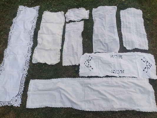 8pc Vintage Eyelet Lace Cutwork Linen Table Runner Lot Cottagecore Shabby Chic