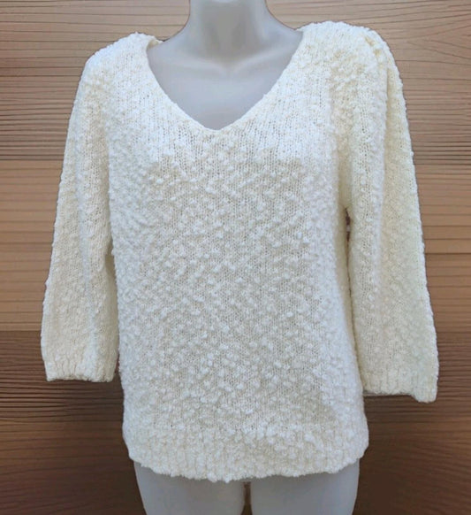 Vintage 80s Penrose White Boucle Sweater Shoulder Pads Cottagecore Popcorn S