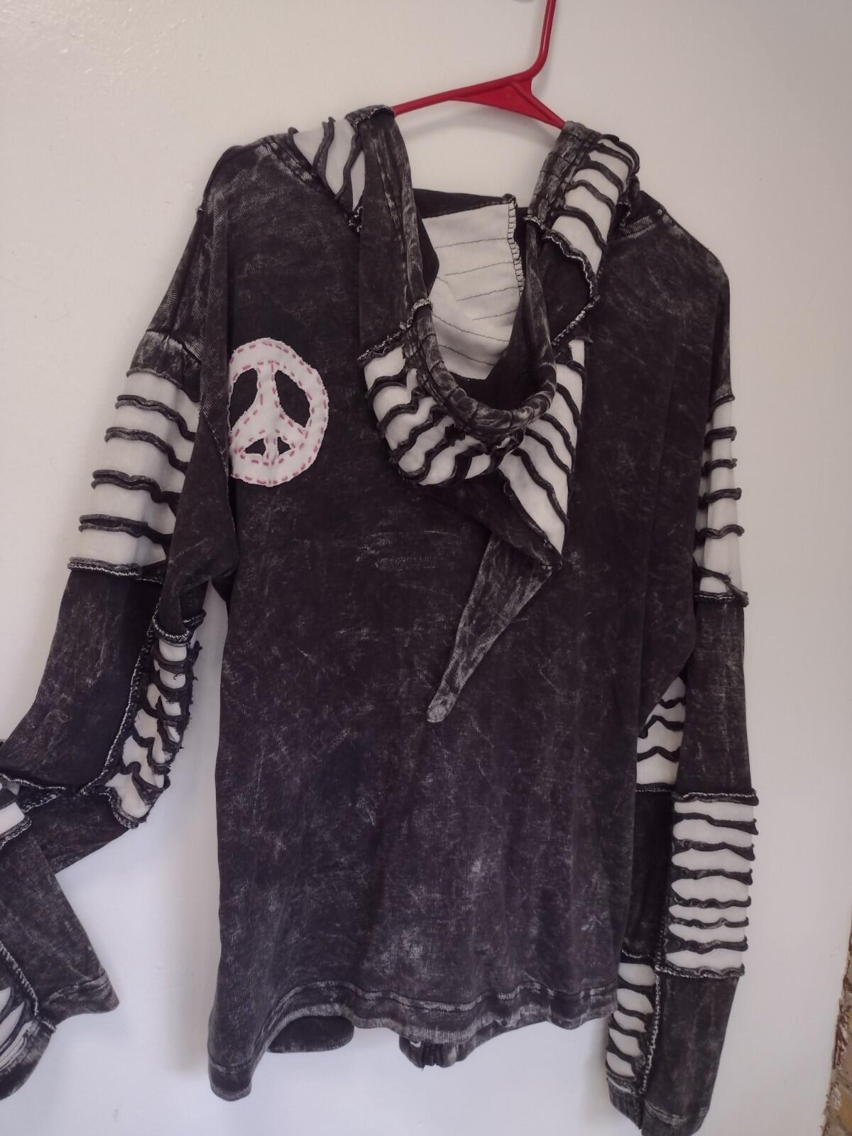Gray Black Stonewashed Slashed Patchwork Pixie Hooded Jacket Sz XXL