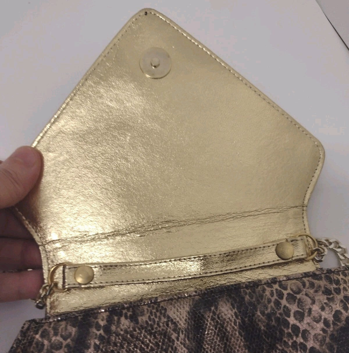 Vintage Timothy Hitsman Spain Metallic Snakeskin Envelope Clutch Chain Purse Bag