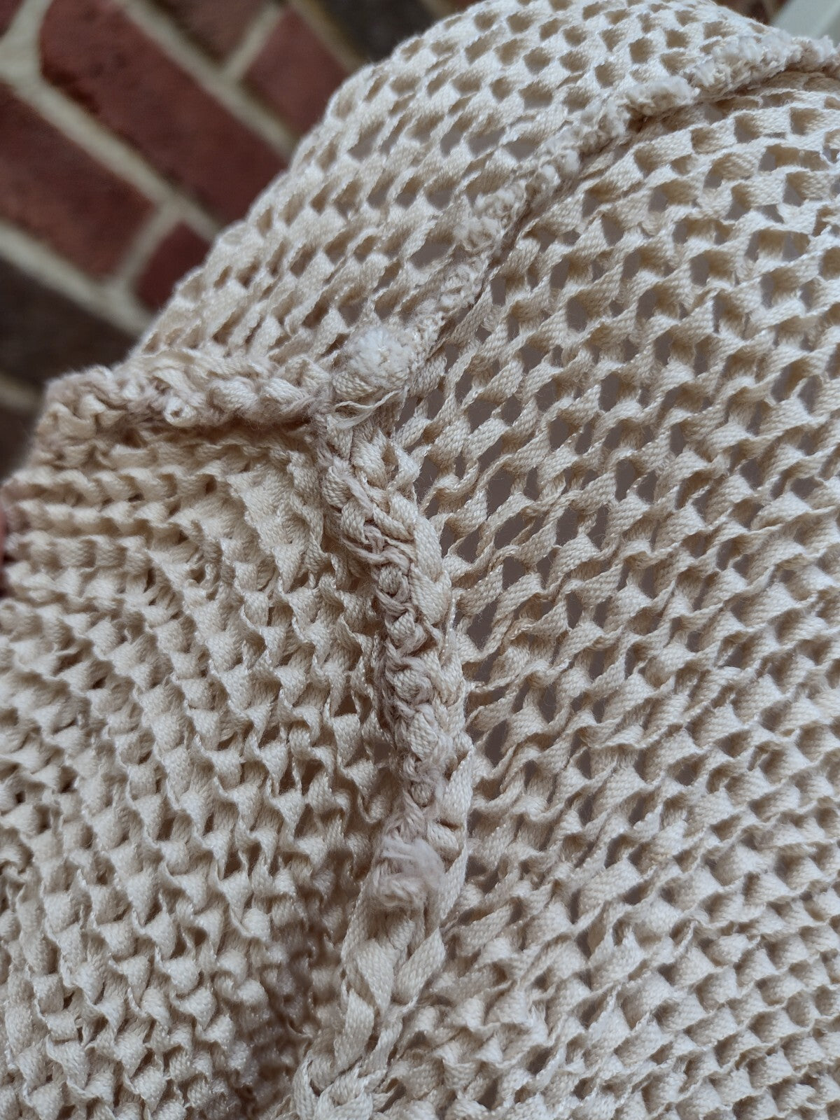 Open Knit Cardigan Sweater 1X Vintage 80s Oatmeal Tape Yarn Shell Buttons Boho