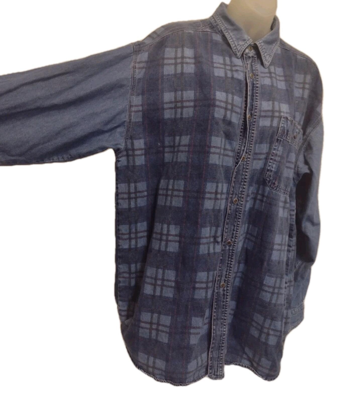 Vintage 90s Printed Plaid Denim Shirt Men’s L Grunge Double Denim Y2K Workwear