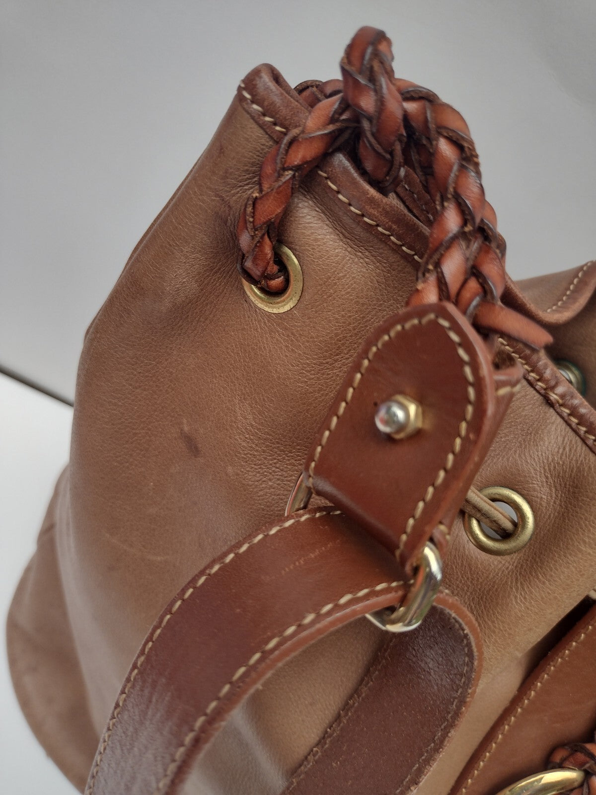 Vintage Leather Bucket Bag Brown Drawstring Boho Equestrian Slouchy Large Tote
