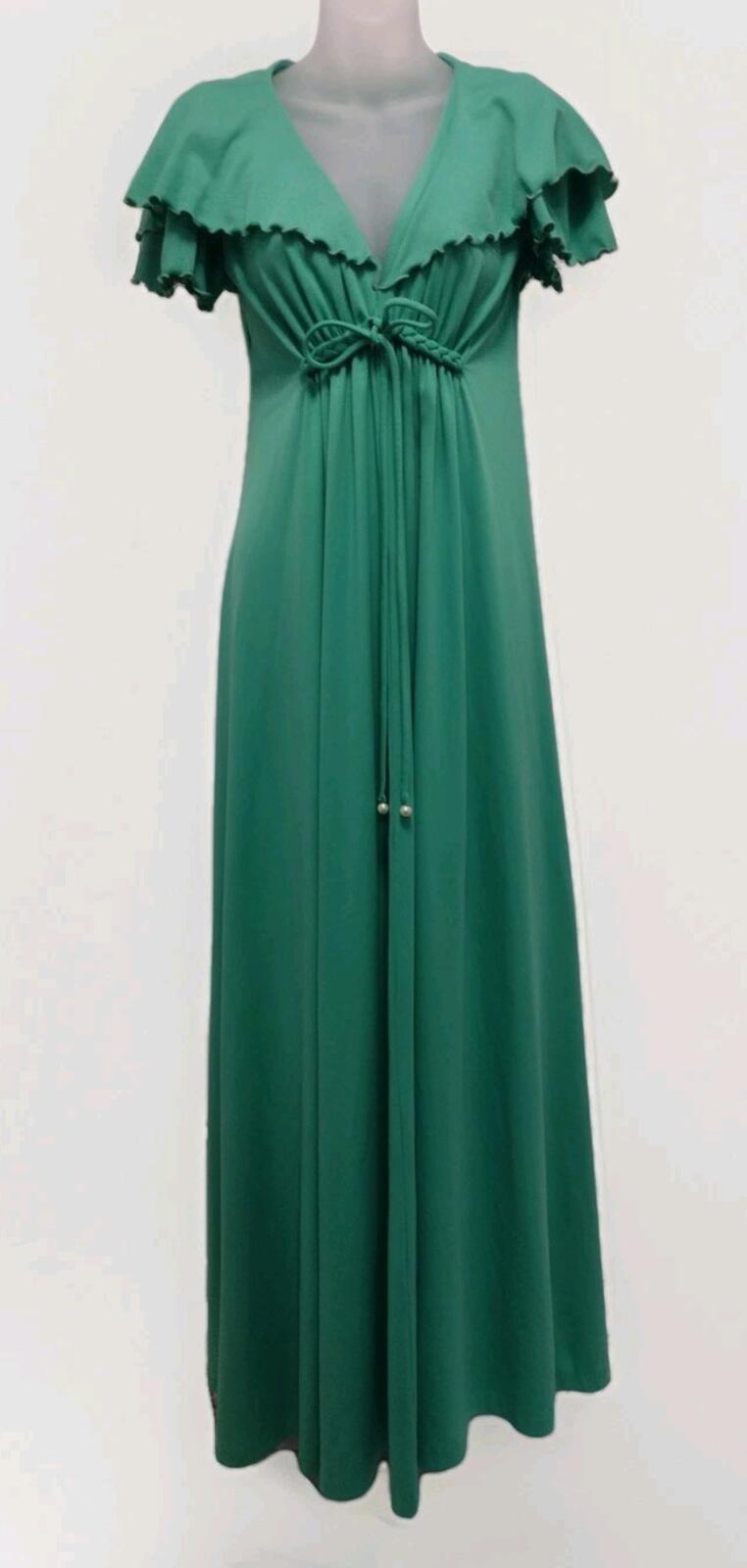70s Green Polyester Empire Waist Maxi Dress Flutter Sleeve M